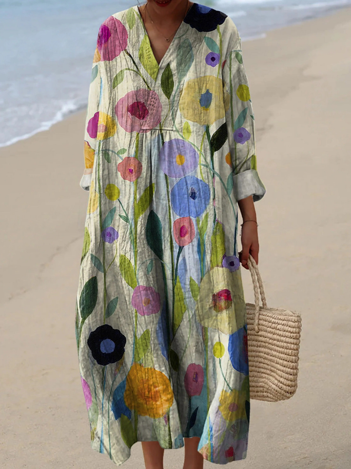 Women's Dress Featuring Oil Painting of a Spring Field
