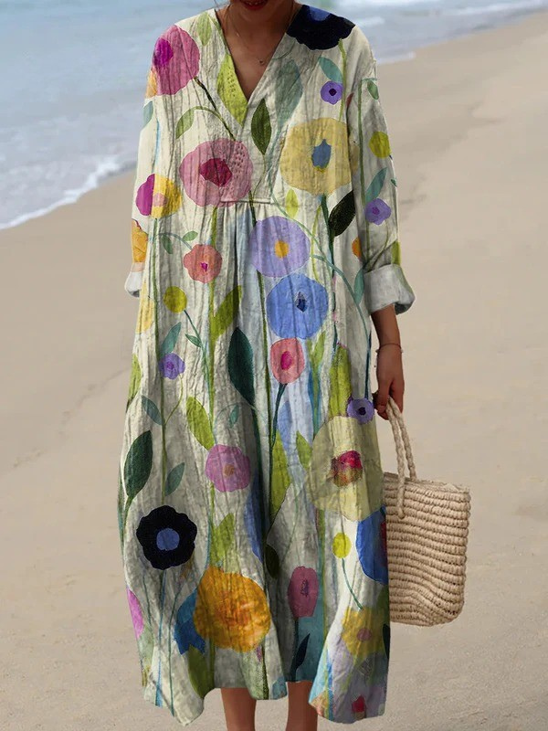 Women's Dress Featuring Oil Painting of a Spring Field