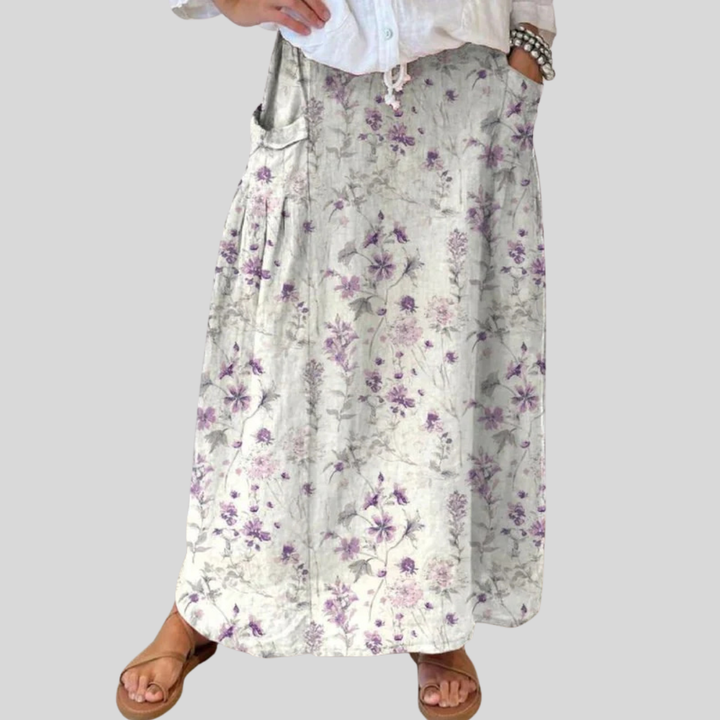 Women's Retro Floral Print Skirt with Elastic Waistband and Pockets