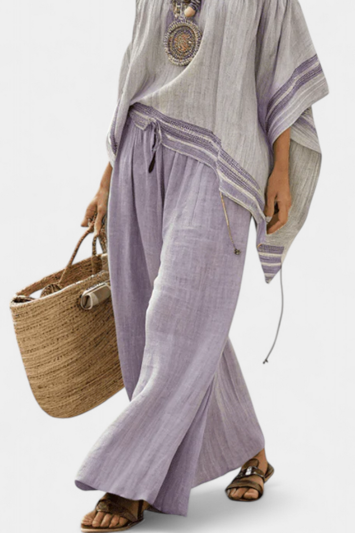 Zandrel | Chic Off-Shoulder Blouse & Striped Wide-Leg Trousers