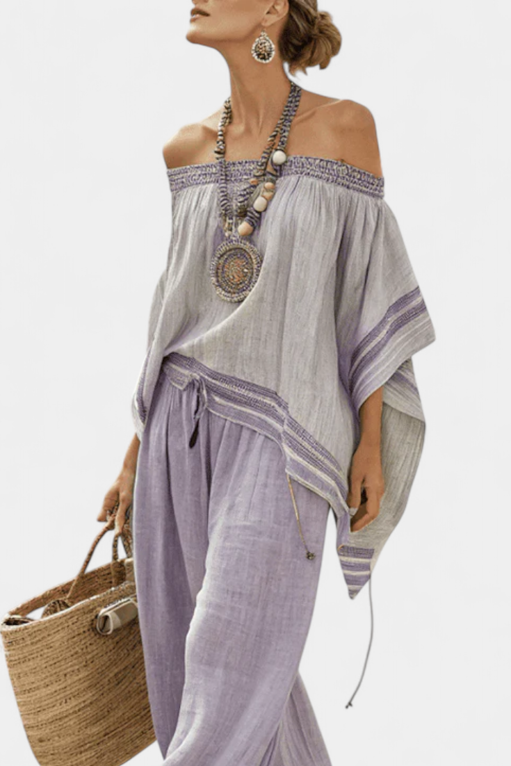 Zandrel | Chic Off-Shoulder Blouse & Striped Wide-Leg Trousers