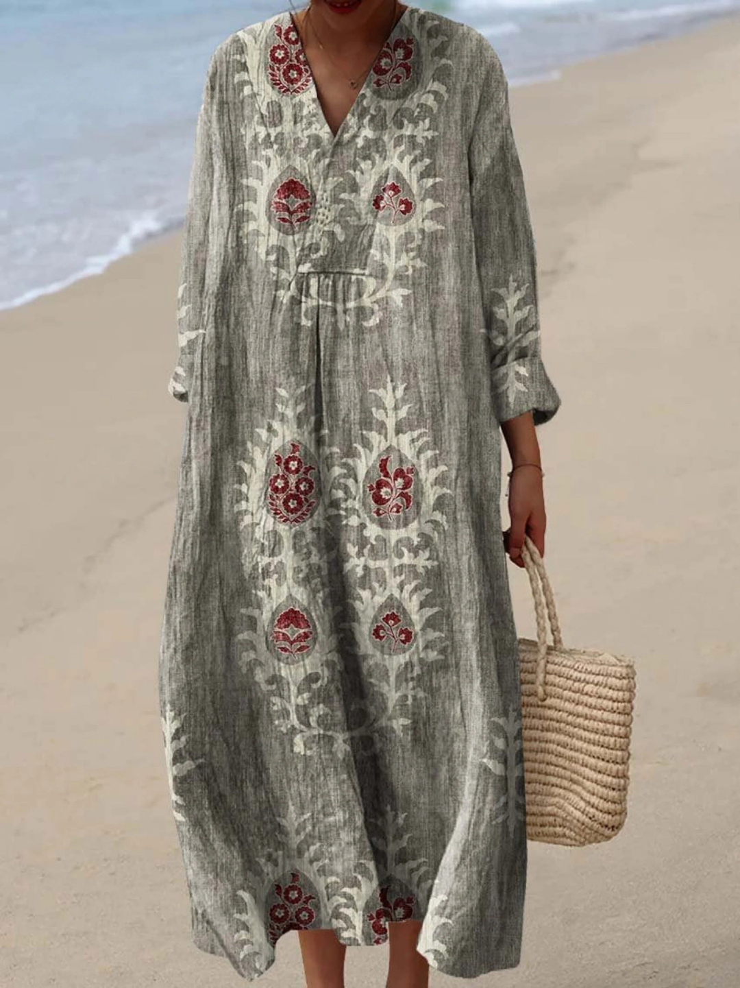 Women's Retro Floral Art Print Dress with Ethnic Design