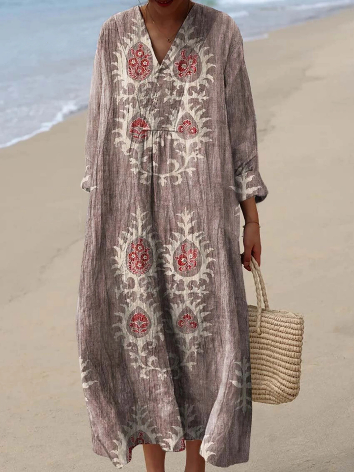 Women's Retro Floral Art Print Dress with Ethnic Design