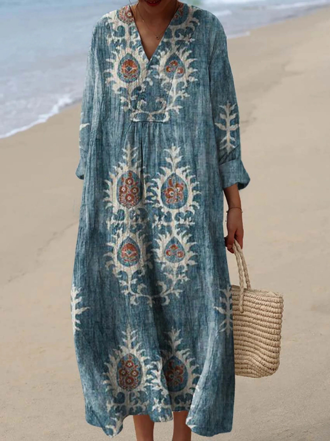 Women's Retro Floral Art Print Dress with Ethnic Design