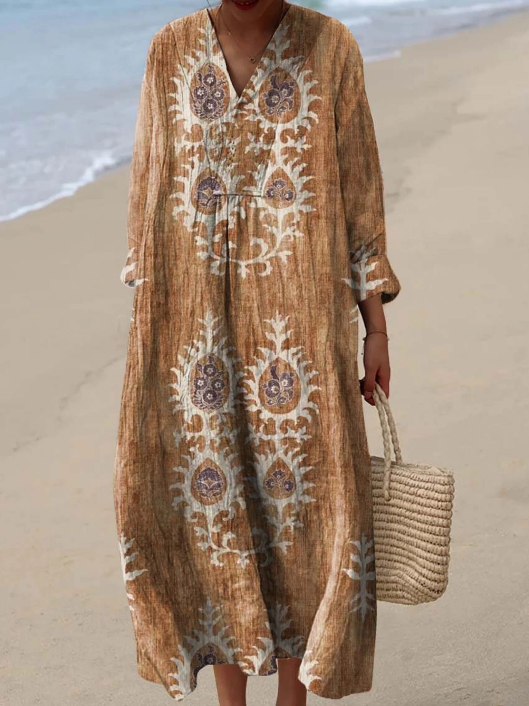 Women's Retro Floral Art Print Dress with Ethnic Design