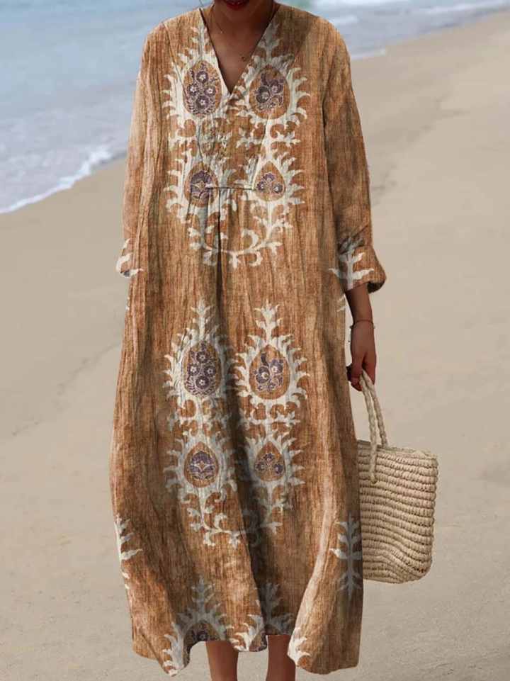 Women's Retro Floral Art Print Dress with Ethnic Design