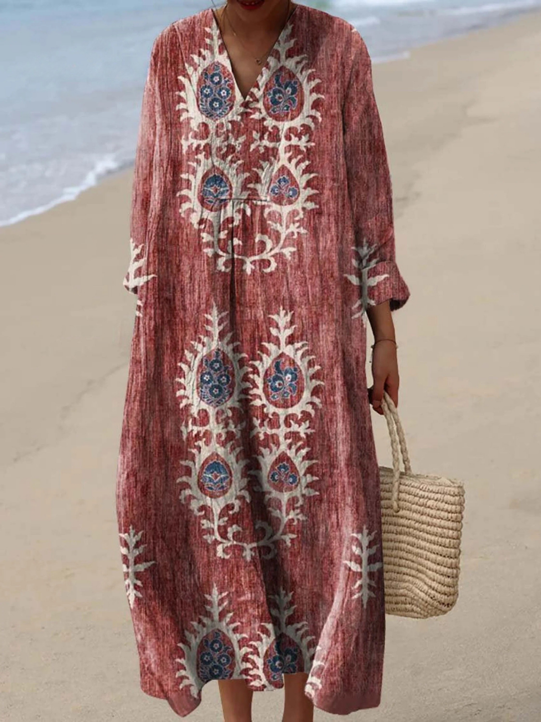 Women's Retro Floral Art Print Dress with Ethnic Design