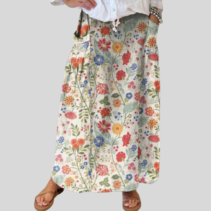 Floral Print Women's Skirt with Elastic Waistband and Pockets