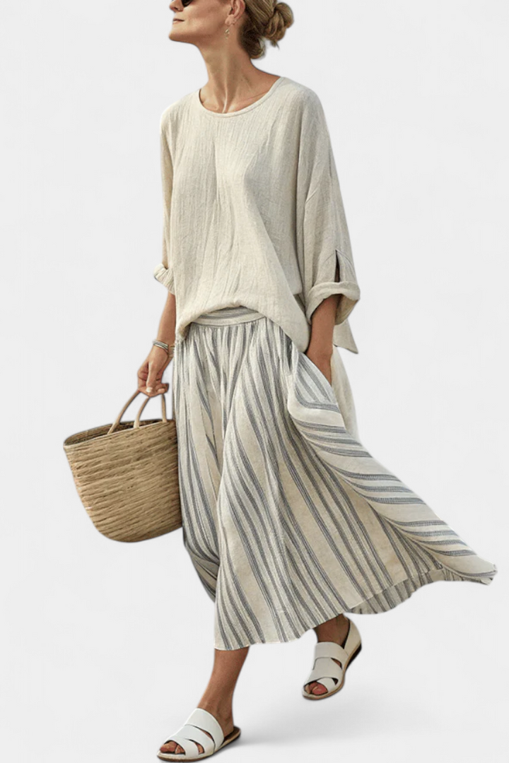 Aurcyn | Relaxed Fit Blouse & Striped Midi Skirt Set