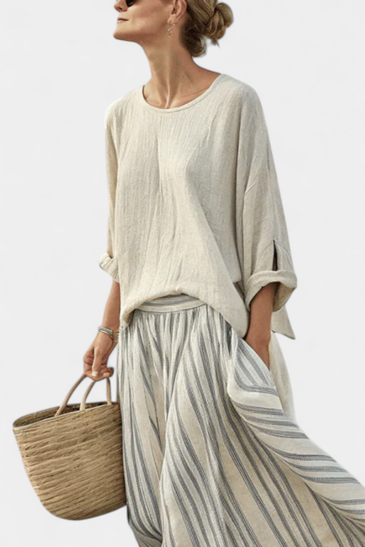 Aurcyn | Relaxed Fit Blouse & Striped Midi Skirt Set