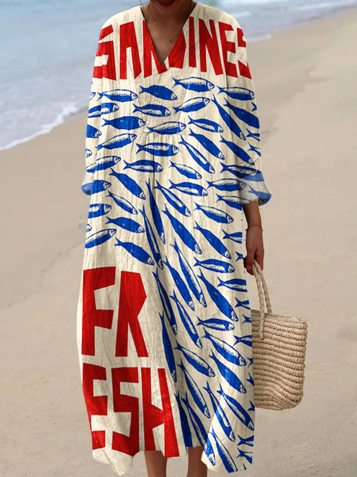 Vintage-Inspired Women's Sardine Art Print Dress