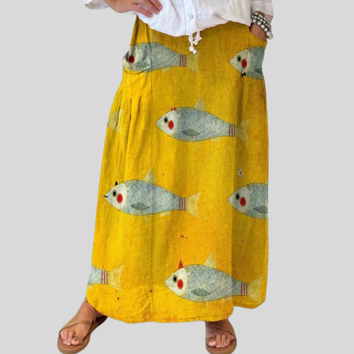 Retro Fish Art Print Pocket Skirt for Women