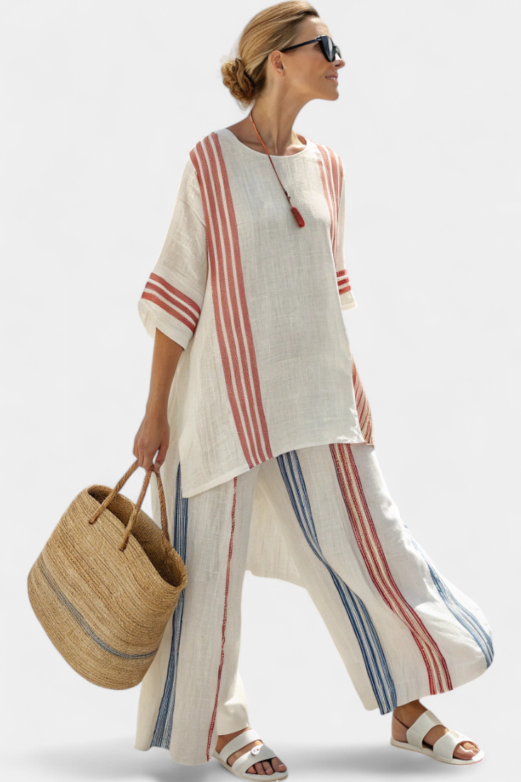 Solvane | Elegant Multicolor Striped Blouse & Mediterranean-Inspired Trousers