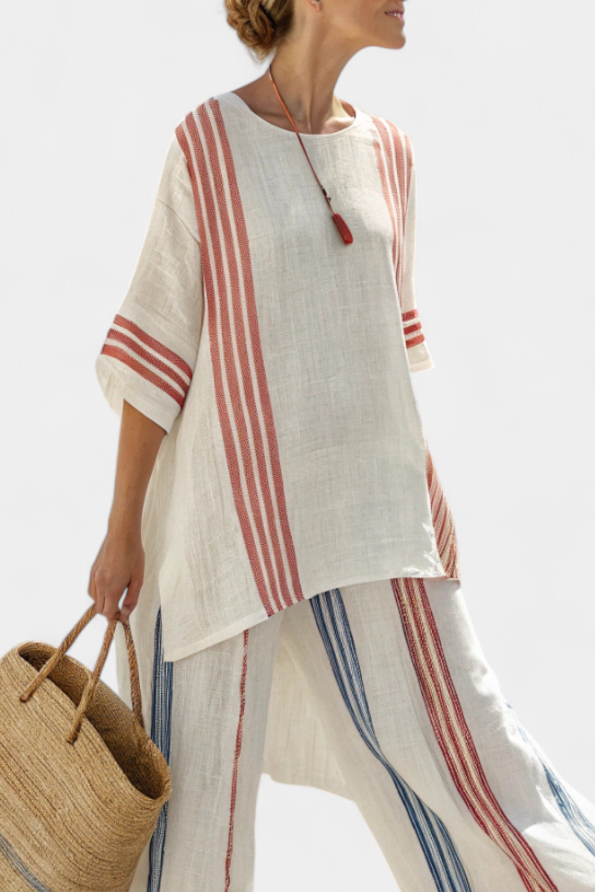 Solvane | Elegant Multicolor Striped Blouse & Mediterranean-Inspired Trousers