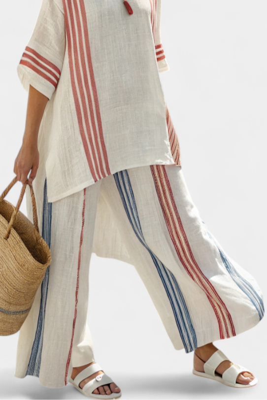 Solvane | Elegant Multicolor Striped Blouse & Mediterranean-Inspired Trousers