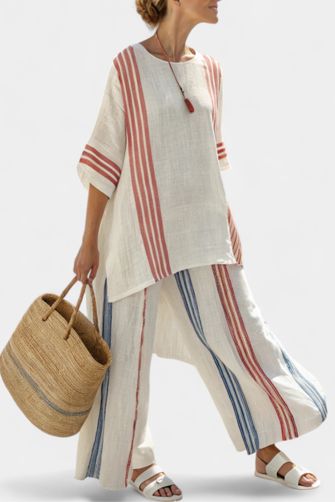 Solvane | Elegant Multicolor Striped Blouse & Mediterranean-Inspired Trousers