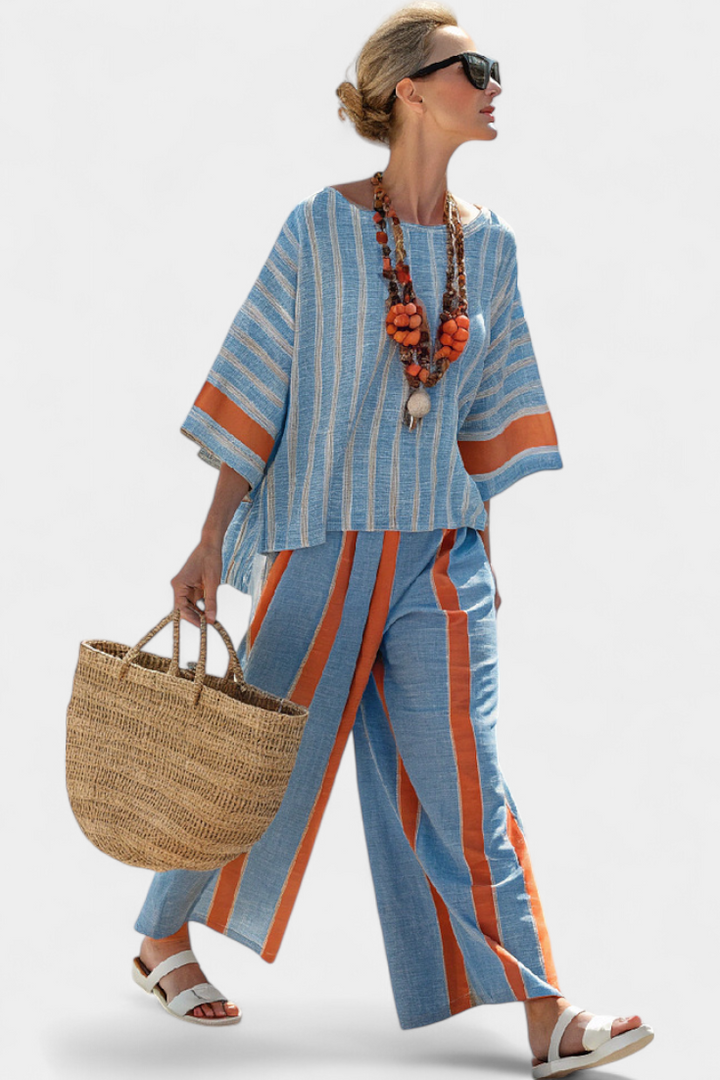 Velmere | Elegant Terracotta Striped Top and Trousers Set