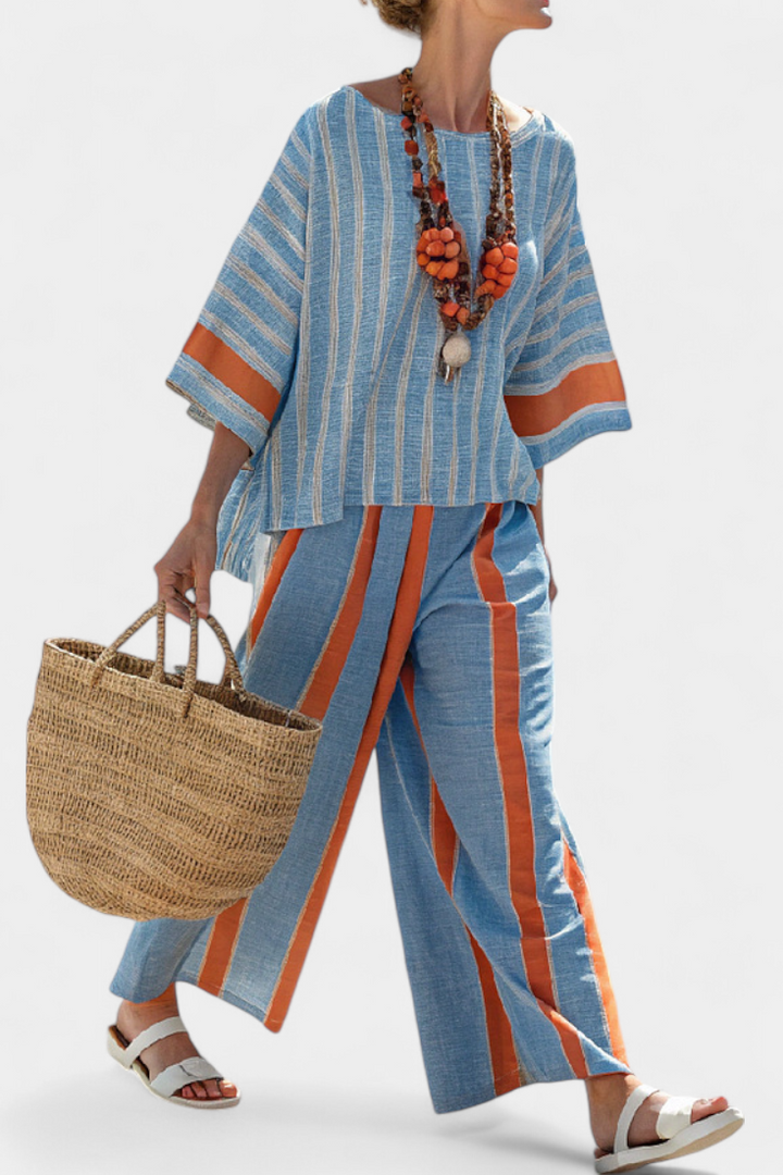 Velmere | Elegant Terracotta Striped Top and Trousers Set