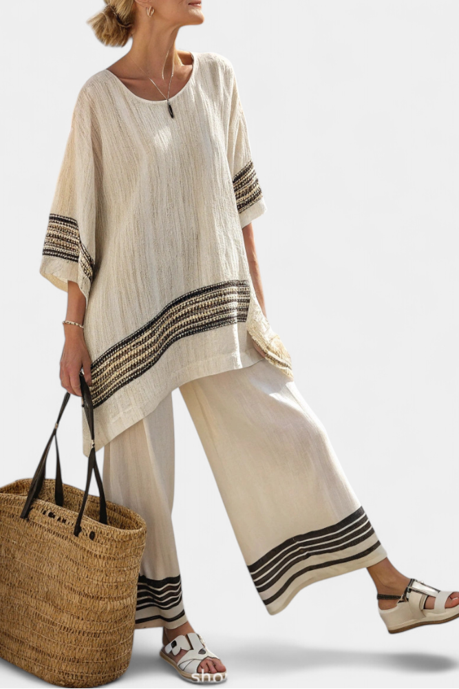 Harlowe | Chic Black-Striped Linen Blouse with Flowing Trousers