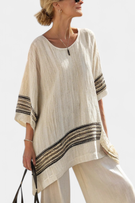 Harlowe | Chic Black-Striped Linen Blouse with Flowing Trousers