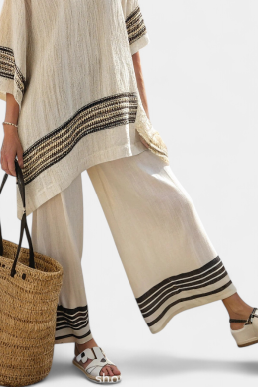 Harlowe | Chic Black-Striped Linen Blouse with Flowing Trousers