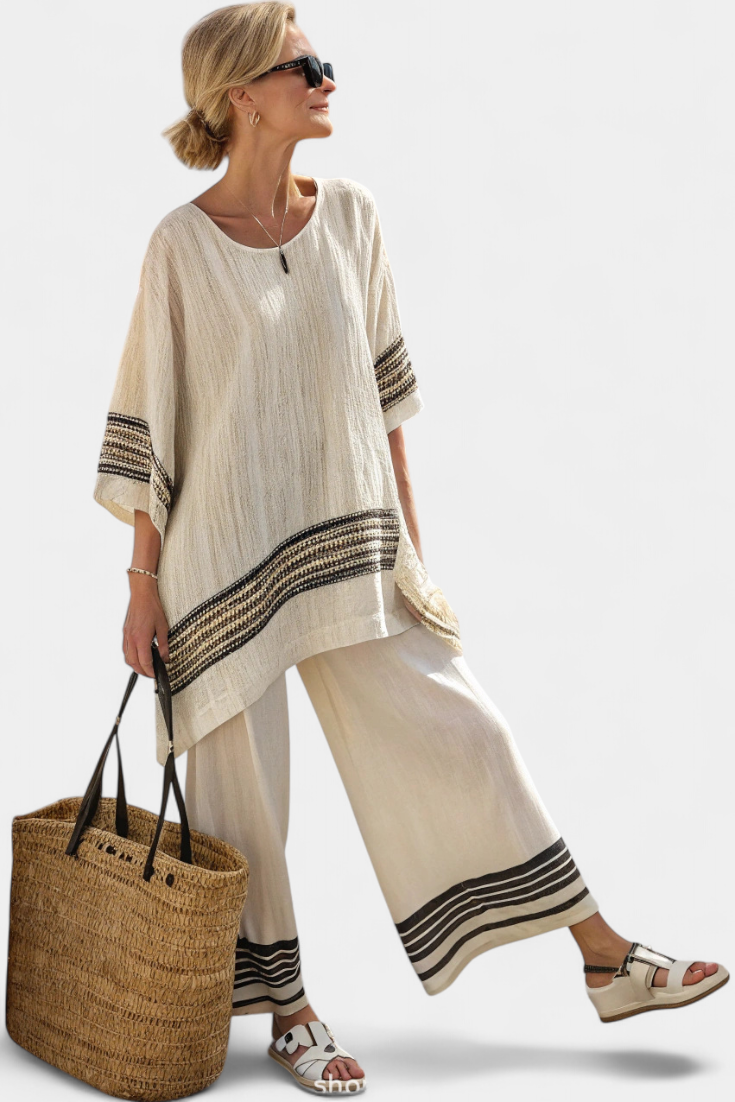 Harlowe | Chic Black-Striped Linen Blouse with Flowing Trousers
