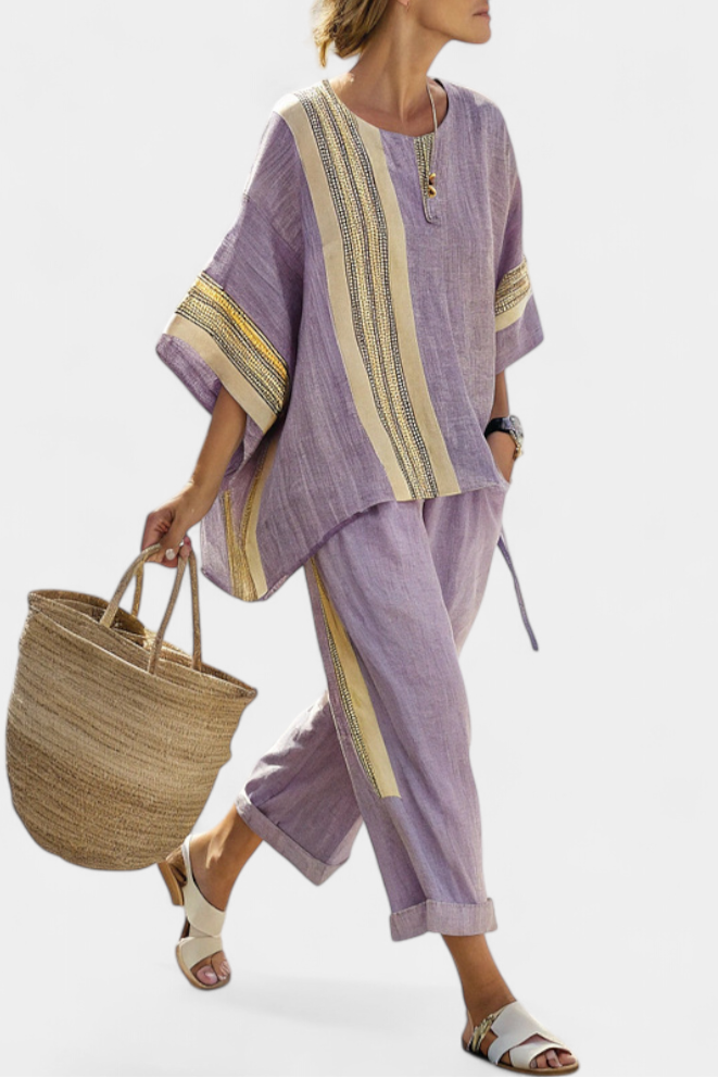 Elowric | Chic Lavender Blouse with Mustard Striped Trousers