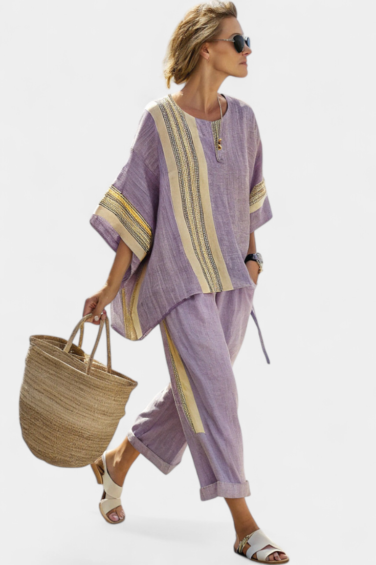 Elowric | Chic Lavender Blouse with Mustard Striped Trousers