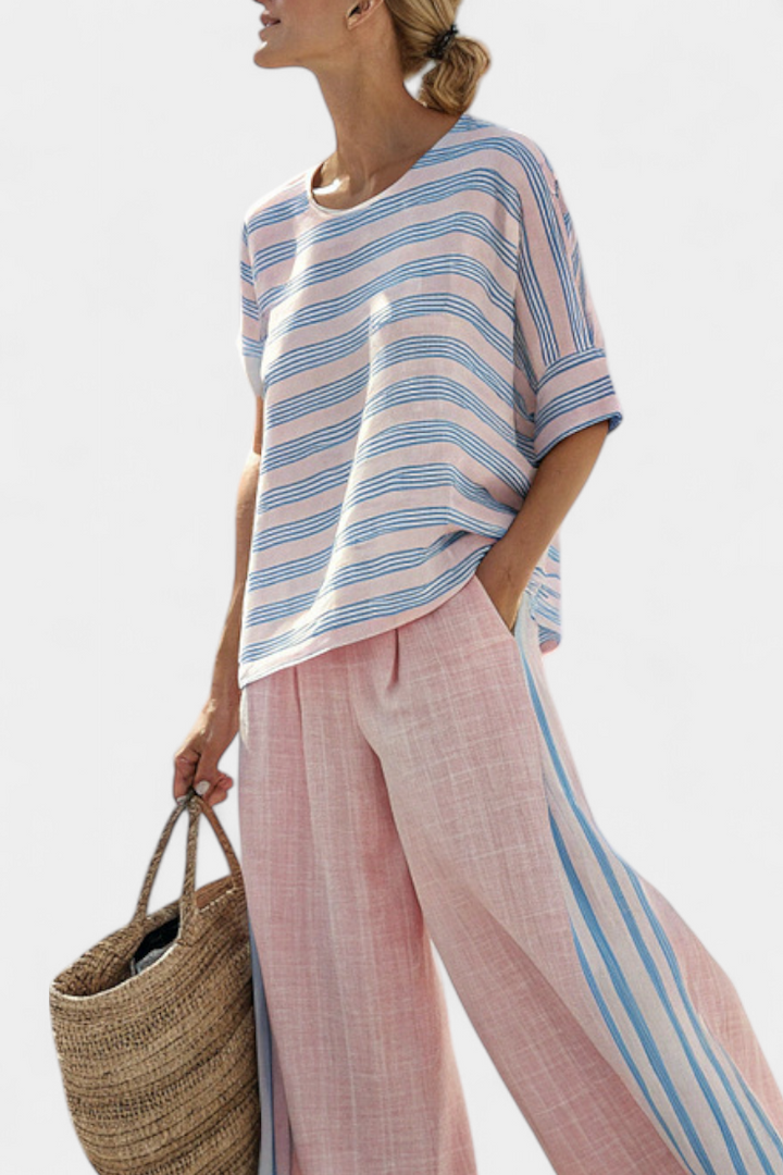 Virella | Chic Pink and Blue Blouse with Cozy Pants