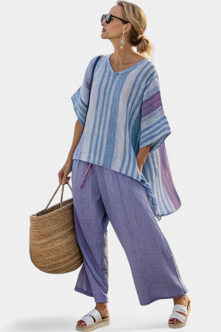 Zellora | Chic Lavender and Sky Blue Top with Matching Pants