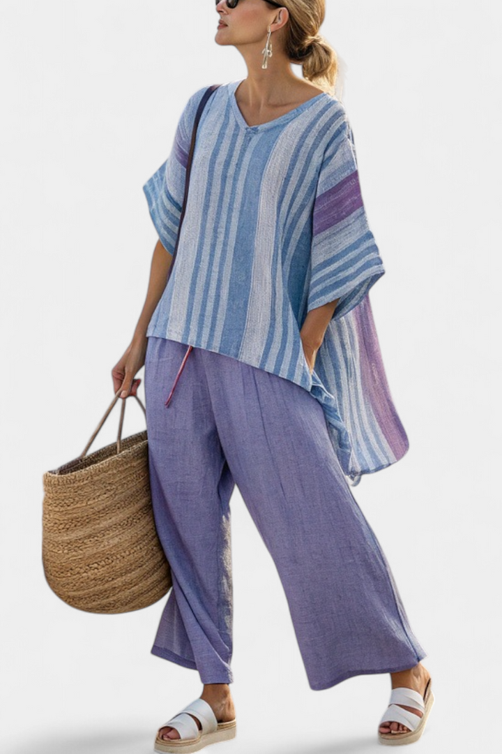 Zellora | Chic Lavender and Sky Blue Top with Matching Pants