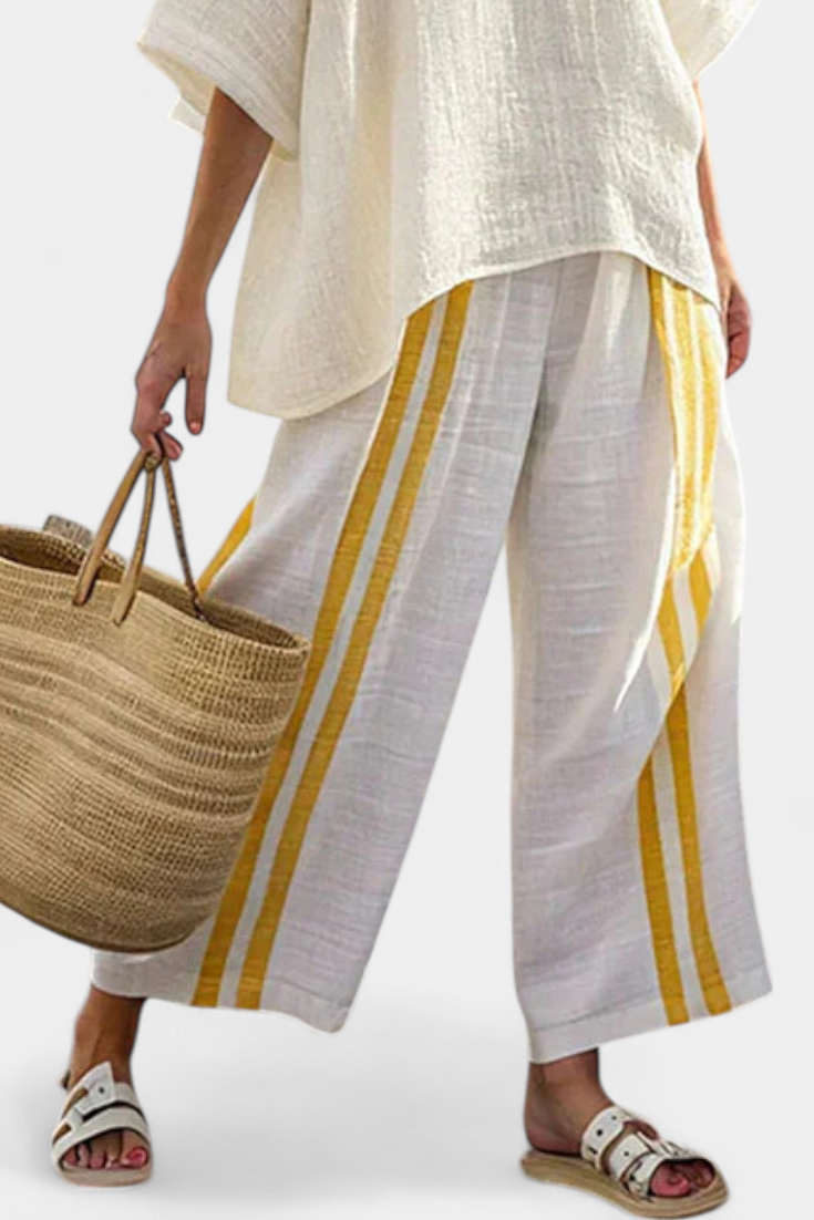 Anselor | Chic Yellow Striped Blouse & Flowing Wide-Leg Trousers