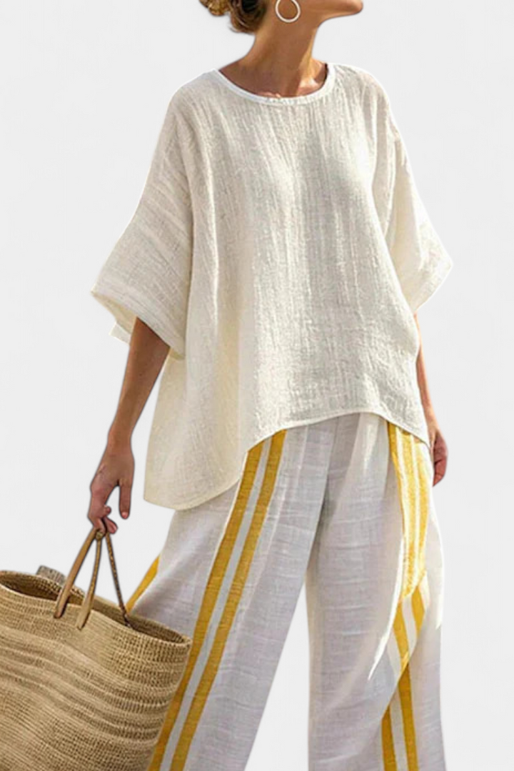 Anselor | Chic Yellow Striped Blouse & Flowing Wide-Leg Trousers