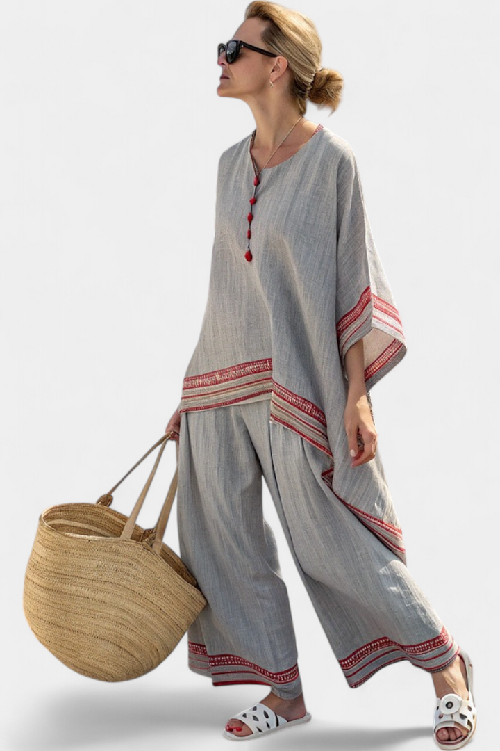 Daelric | Elegant Asymmetrical Blouse with Ethnic Wide-Leg Trousers