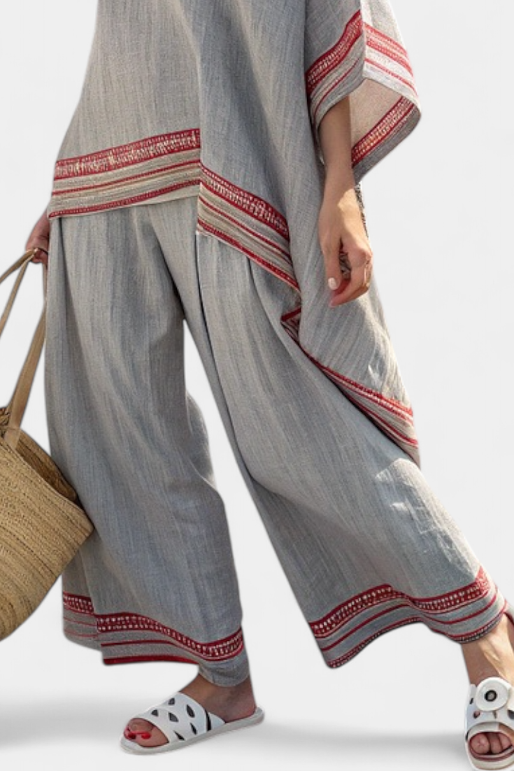 Daelric | Elegant Asymmetrical Blouse with Ethnic Wide-Leg Trousers