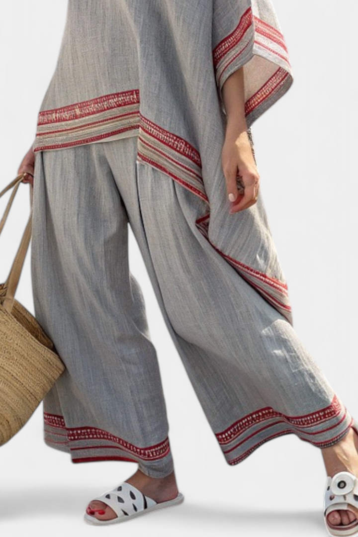 Daelric | Elegant Asymmetrical Blouse with Ethnic Wide-Leg Trousers