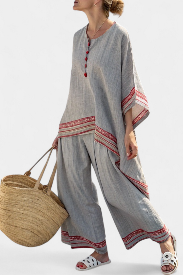 Daelric | Elegant Asymmetrical Blouse with Ethnic Wide-Leg Trousers
