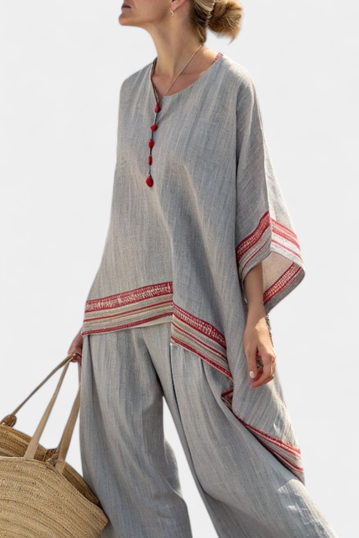 Daelric | Elegant Asymmetrical Blouse with Ethnic Wide-Leg Trousers