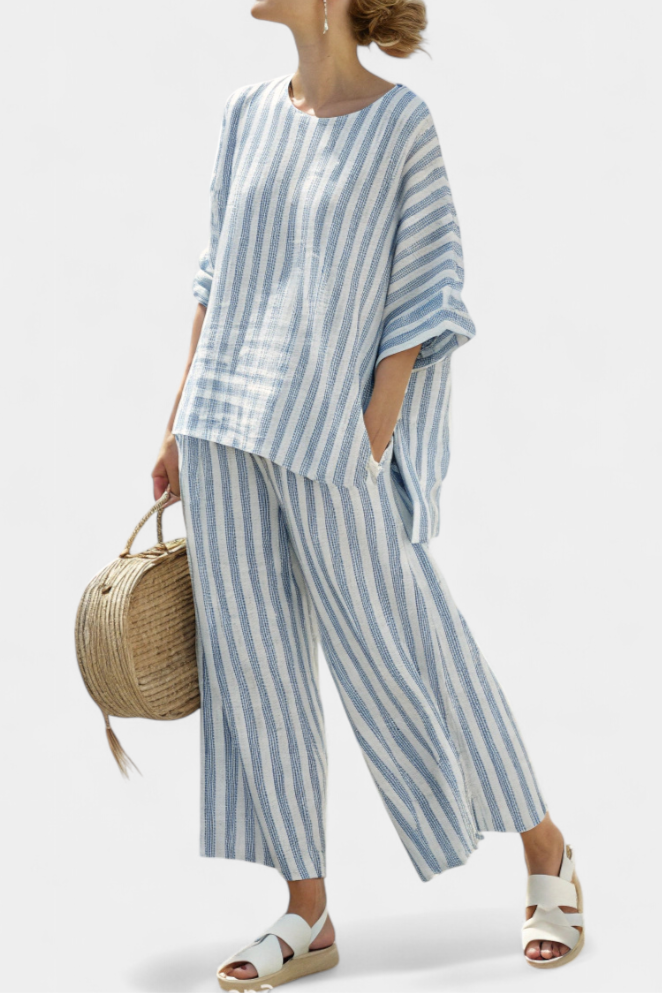 Rensleigh | Elegant Blue Striped Blouse & Comfortable Trousers