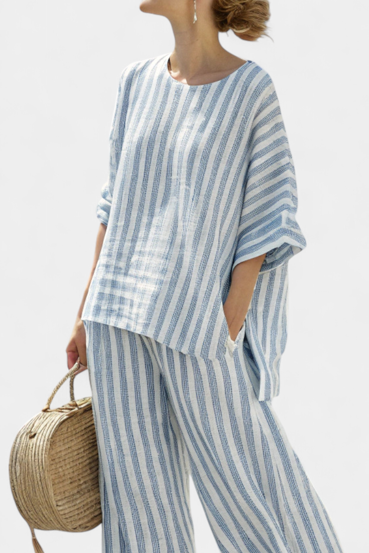 Rensleigh | Elegant Blue Striped Blouse & Comfortable Trousers