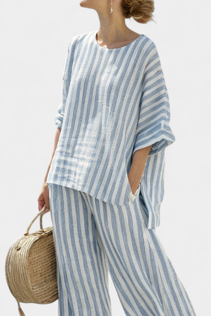 Rensleigh | Elegant Blue Striped Blouse & Comfortable Trousers