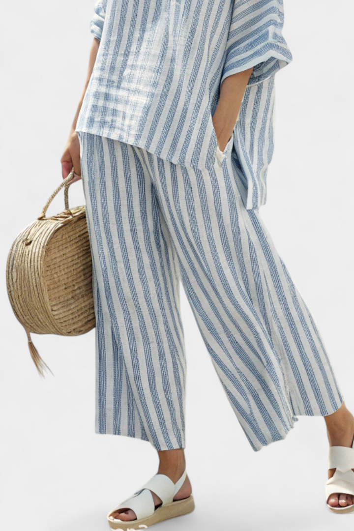 Rensleigh | Elegant Blue Striped Blouse & Comfortable Trousers