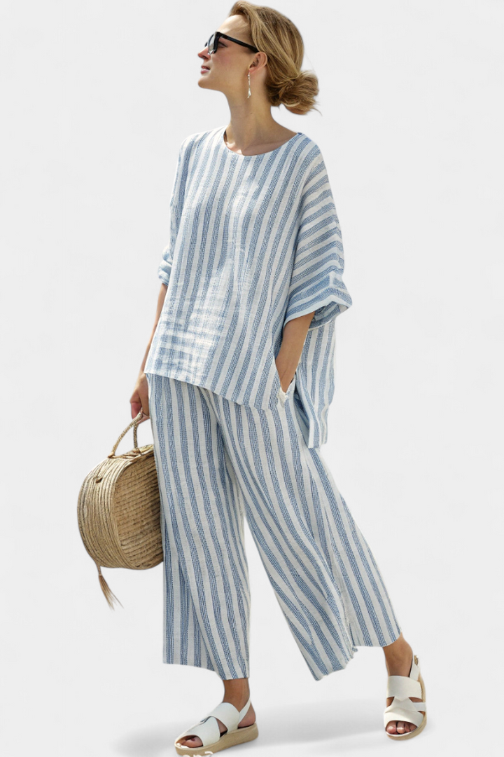 Rensleigh | Elegant Blue Striped Blouse & Comfortable Trousers