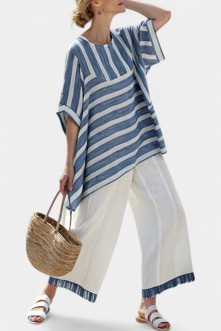 Corvielle | Elegant Blue Striped Blouse & Hem-Embellished Trousers