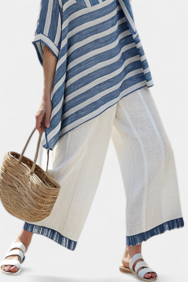 Corvielle | Elegant Blue Striped Blouse & Hem-Embellished Trousers