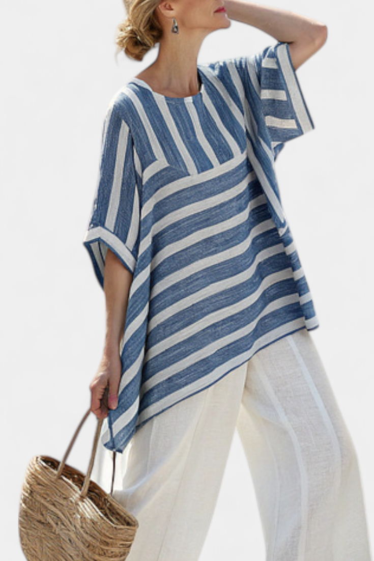 Corvielle | Elegant Blue Striped Blouse & Hem-Embellished Trousers
