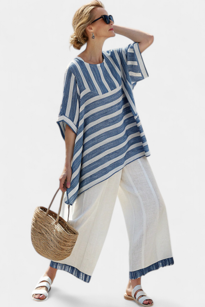 Corvielle | Elegant Blue Striped Blouse & Hem-Embellished Trousers