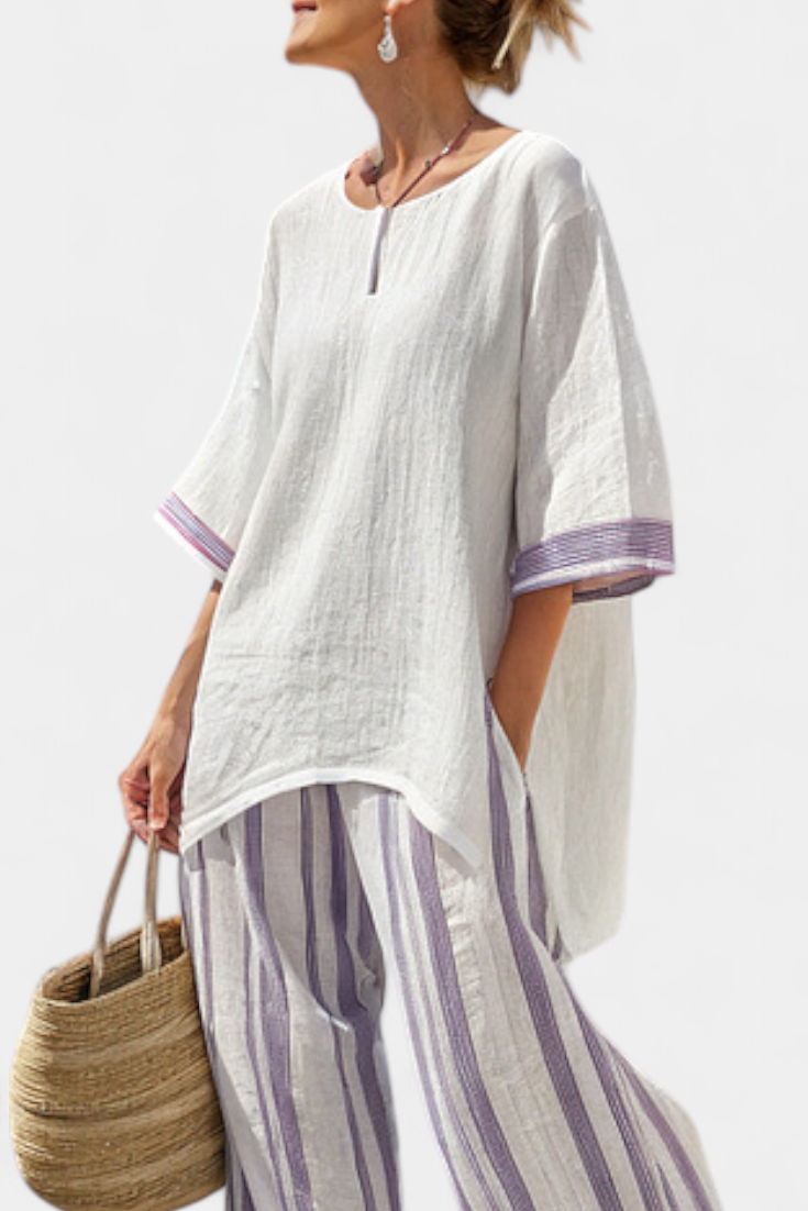 Luxmere | Cozy Relaxed Blouse with Striped Bamboo Trousers