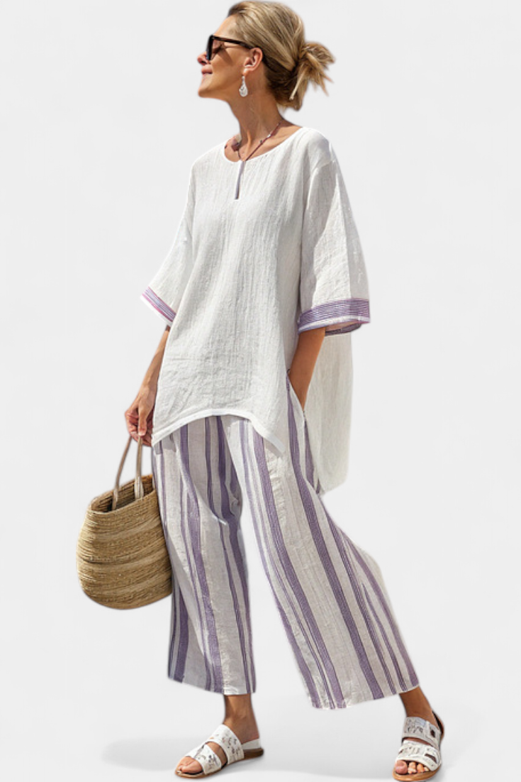 Luxmere | Cozy Relaxed Blouse with Striped Bamboo Trousers