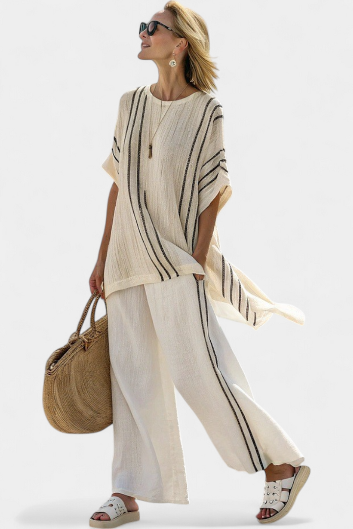 Greysen | Chic Ivory Blouse with Black Striped Trousers